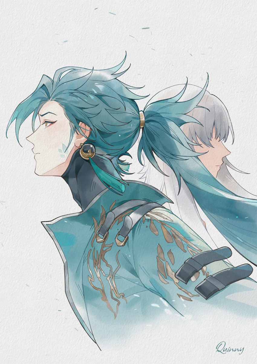 2boys, absurdres, artist_name, black_bodysuit, blue_hair, blue_jacket, bodysuit, earrings, english_commentary, eyeshadow, facial_tattoo, geshulin_(wuthering_waves), grey_hair, hair_between_eyes, hair_ornament, hair_over_eyes, highres, jacket, jewelry, jiyan_(wuthering_waves), long_hair, long_sleeves, looking_to_the_side, makeup, male_focus, multiple_boys, open_clothes, open_jacket, ponytail, quinny_il, red_eyeshadow, simple_background, tassel, tassel_earrings, tattoo, traditional_media, upper_body, v-shaped_eyebrows, white_background, wuthering_waves, yellow_eyes