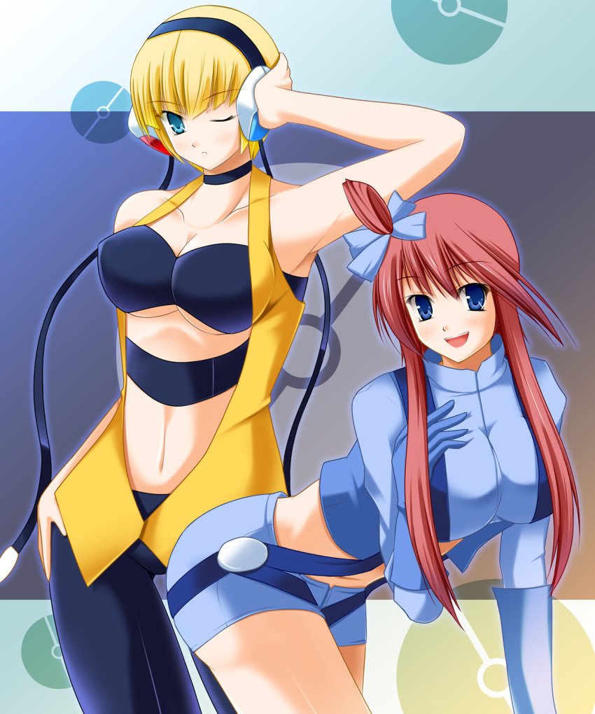 2girls, black_pantyhose, blonde_hair, blue_eyes, blush, bob_cut, bow, breasts, brown_hair, choker, cleavage, fuuro_(pokemon), gloves, guatemala, gym_leader, hair_bow, halterneck, hand_on_hip, headphones, highres, kamitsure_(pokemon), large_breasts, long_hair, midriff, multiple_girls, navel, open_mouth, pantyhose, poke_ball, pokemon, pokemon_(game), pokemon_black_and_white, pokemon_bw, redhead, short_hair, short_shorts, shorts, smile, suspenders, thick_thighs, wink
