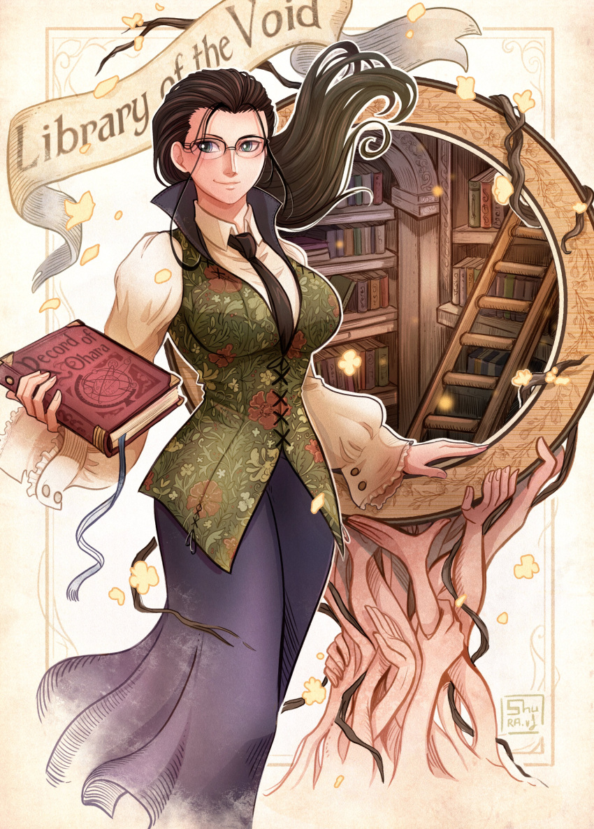 1girl, absurdres, black_hair, black_necktie, blue_skirt, book, bookshelf, closed_mouth