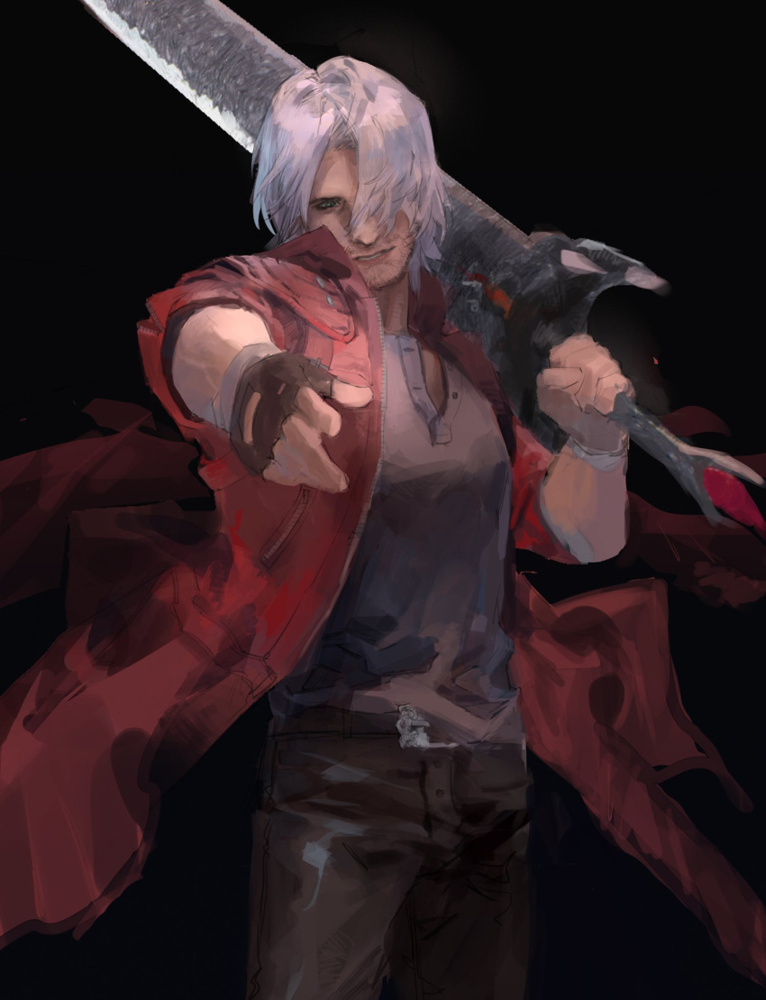 1boy, black_gloves, blue_eyes, coat, dante_(devil_may_cry), devil_may_cry_(series), devil_may_cry_5, facial_hair, fingerless_gloves, gloves, hair_over_one_eye, highres, holding, limiicirculate, looking_at_viewer, male_focus, muscular, muscular_male, realistic, rebellion_(sword), red_coat, solo, sword, weapon, white_hair