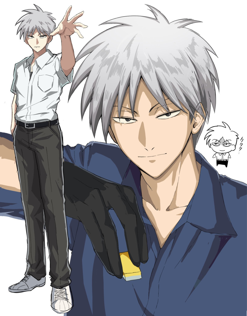 1boy, akagi:_yami_ni_oritatta_tensai, akagi_shigeru, black_eyes, black_gloves, black_pants, breast_pocket, chibi