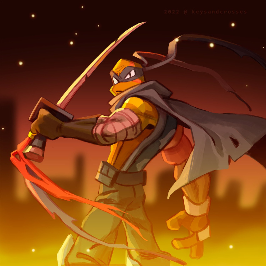 1boy, 2022, bandaged_arm, bandages, belt_pouch, blue_mask, cape, closed_mouth