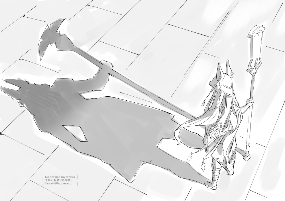 1boy, anubis_(mythology), arm_at_side, backlighting, cyno_(genshin_impact), different_shadow, facing_ahead, floating_cape