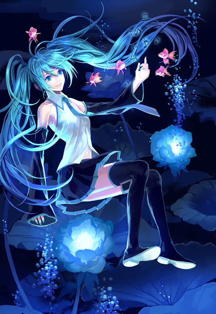 1girl, aqua_eyes, aqua_hair, detached_sleeves, fish, hatsune_miku, long_hair, musical_note, navel, necktie, skirt, smile, solo, thigh-highs, thighhighs, toti, twintails, very_long_hair, vocaloid