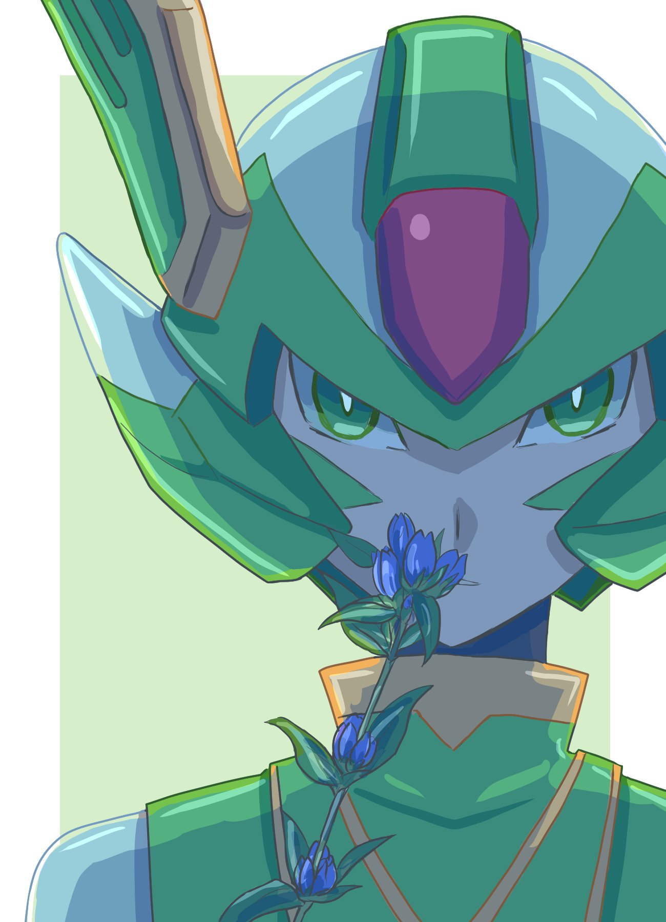 1boy, armor, blue_flower, border, close-up, facial_mark, flower, forehead_jewel
