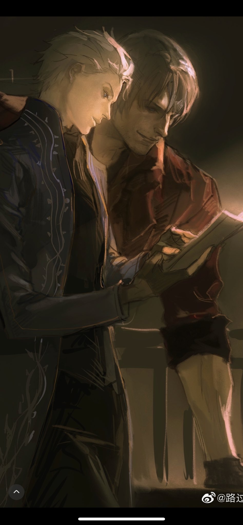 2boys, black_gloves, blue_coat, blue_eyes, brothers, closed_mouth, coat, dante_(devil_may_cry)