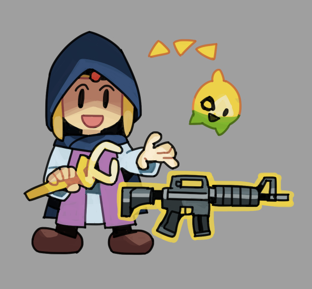 1girl, blonde_hair, chibi, cpt_hamburger, dress, gold_circlet, gun, hood