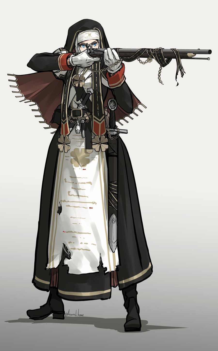 1girl, aiming, asterisk_kome, black_footwear, black_stole, blue_eyes, boots, chain