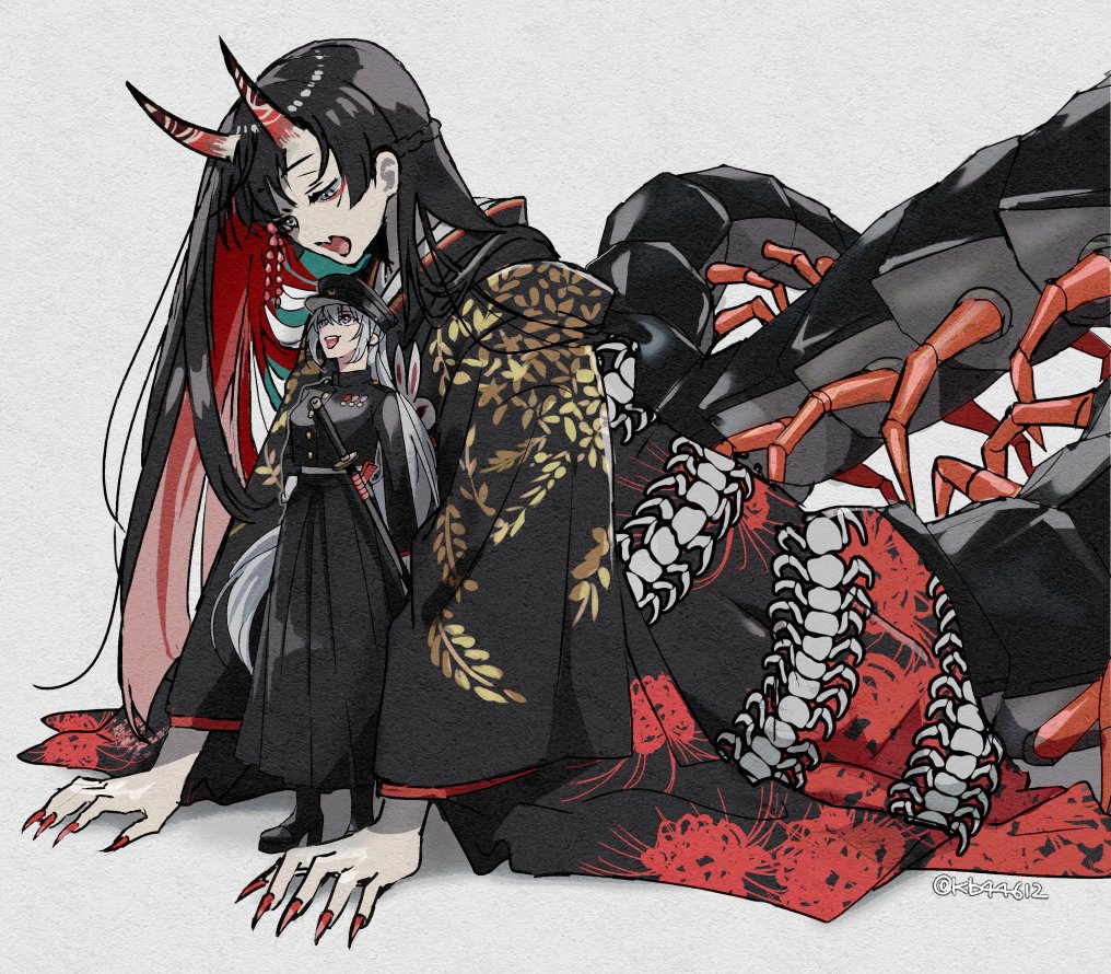 2girls, alternate_hair_color, alternate_size, arm_at_side, arm_support, arthropod_girl, black_footwear, black_hair