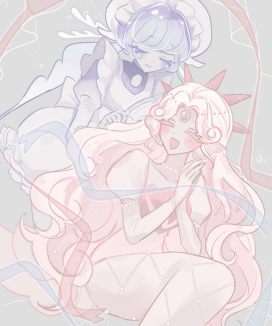 2girls, apron, black_pearl_cookie, bubble_skirt, closed_eyes, cookie_run, dress, frilled_jellyfish_cookie
