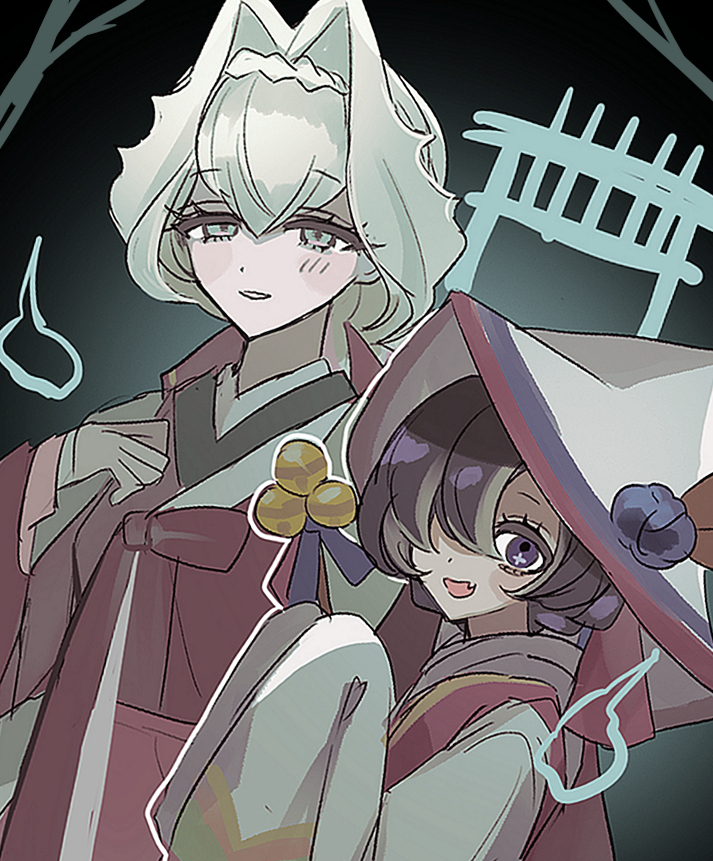 2girls, alternate_costume, black_garlic_cookie, black_hair, cookie_run, dress, green_eyes, hair_ornament
