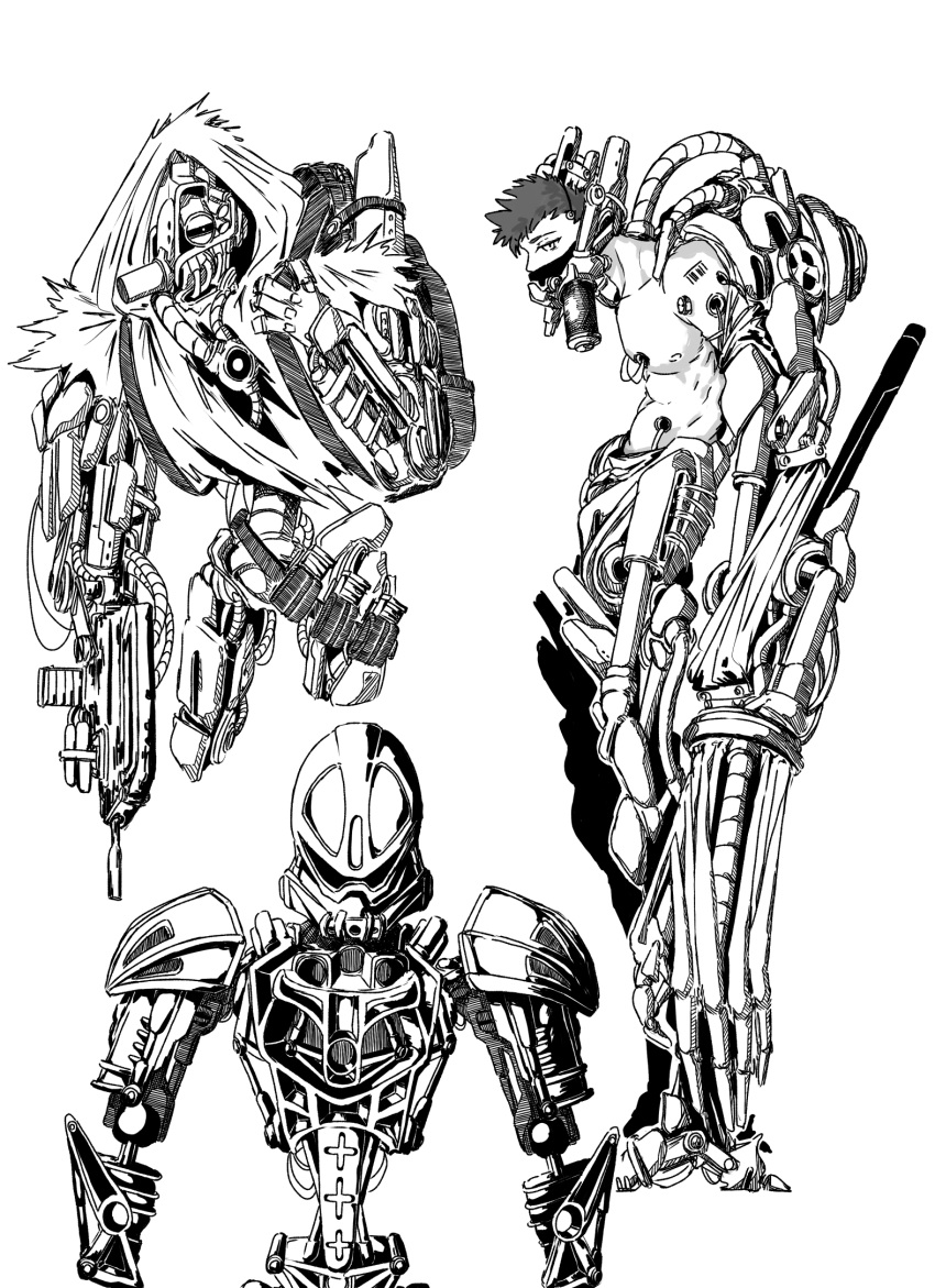 1boy, bionicle, cable, collarbone, cyborg, furauji, greyscale, gun