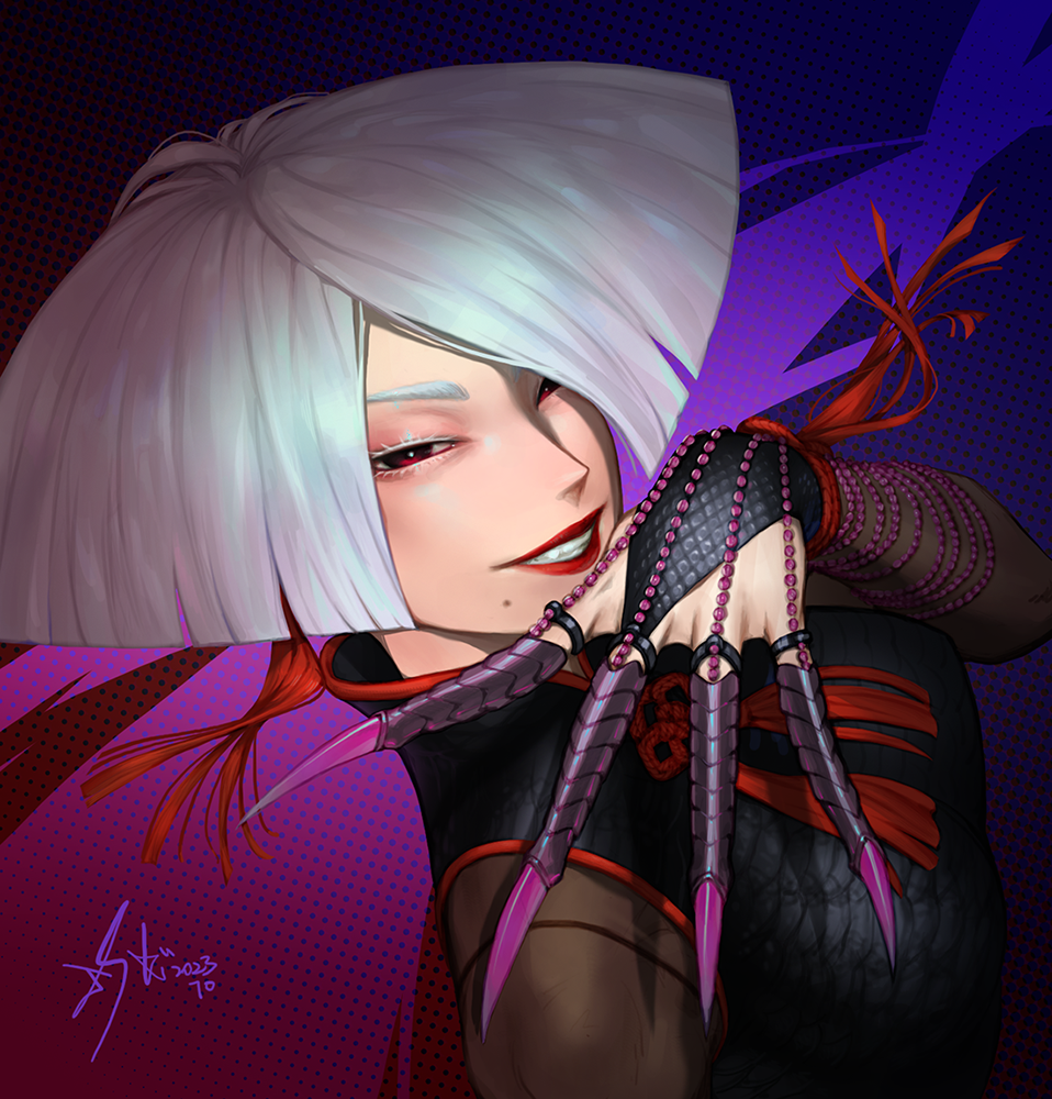 1girl, a.k.i._(street_fighter), chinese_clothes, claw_(weapon), claw_ring, impossible_hair, iskimxk, looking_at_viewer, red_eyes, short_hair, solo, street_fighter, street_fighter_6, weapon