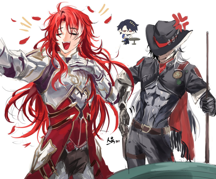 3boys, ancient_greek_clothes, anger_vein, annoyed, argenti_(honkai:_star_rail), arm_up, armor, armored_gloves