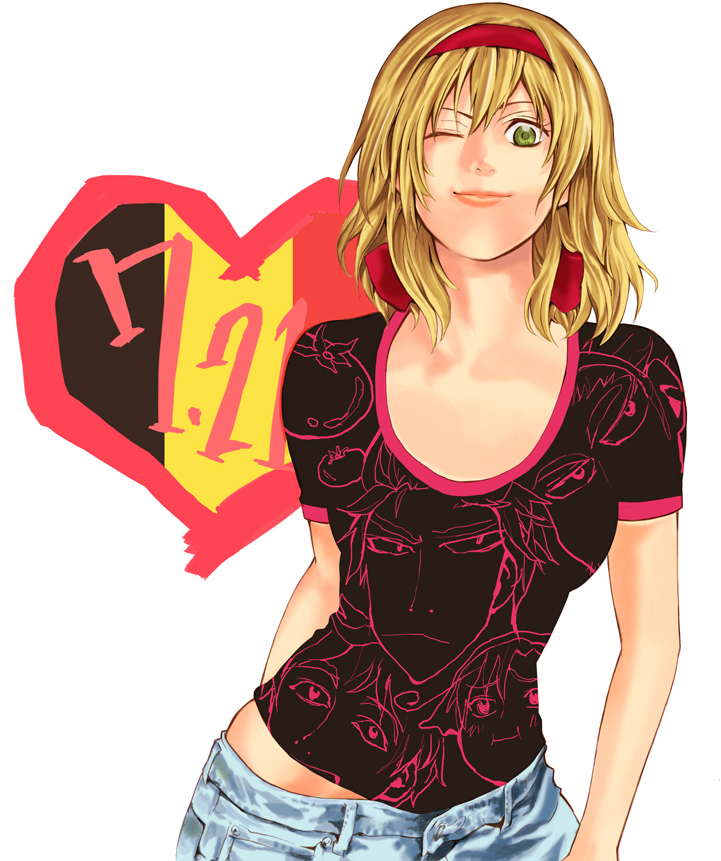 1girl, arm_behind_back, axis_powers_hetalia, belgian_flag, belgium_(hetalia), black_shirt, blonde_hair, collarbone