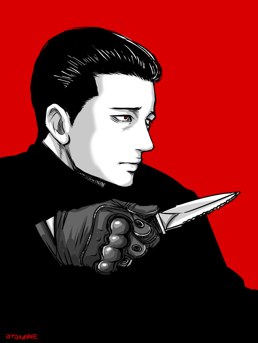 1boy, absurdres, artist_name, gloves, hair_slicked_back, highres, holding, holding_knife, knife, long_sleeves, monochrome, otonage, red_theme, satou_akira_(the_fable), short_hair, solo, the_fable, upper_body