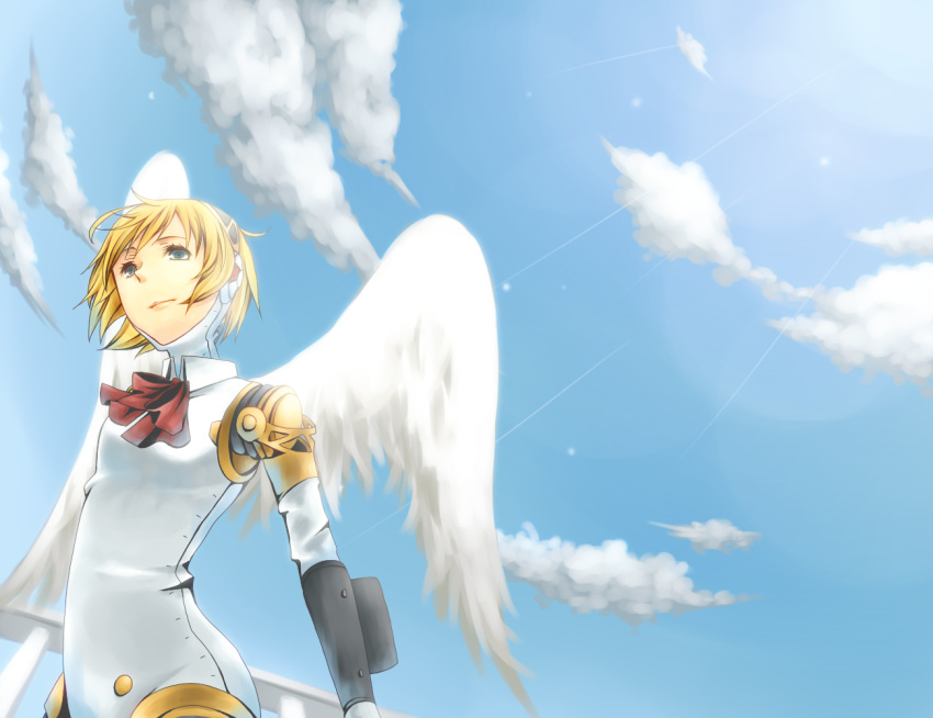 android, blonde_hair, blue_eyes, bow, cloud, clouds, jur-jur, kutsushita_(jur), persona, persona_3, sky, solo, wings