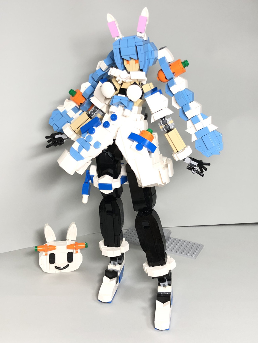 1girl, animal_ears, black_gloves, black_pantyhose, blue_hair, carrot_hair_ornament, dress, food-themed_hair_ornament