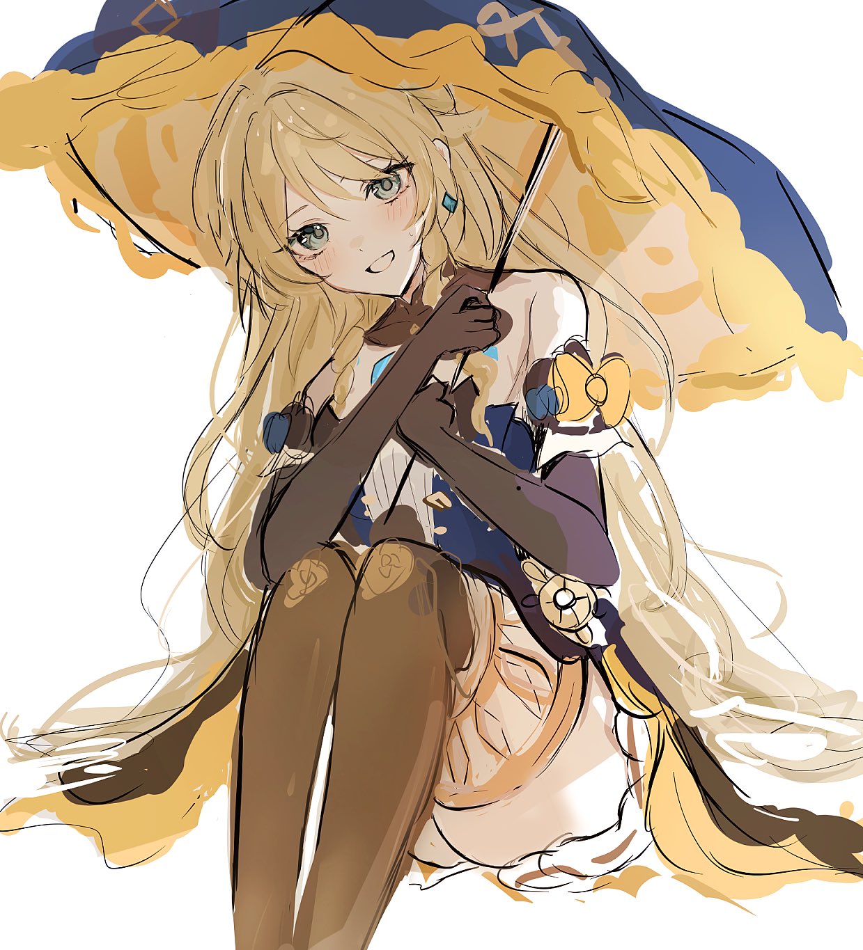 1girl, bare_shoulders, black_gloves, blonde_hair, blue_eyes, bodice, dress, drill_hair