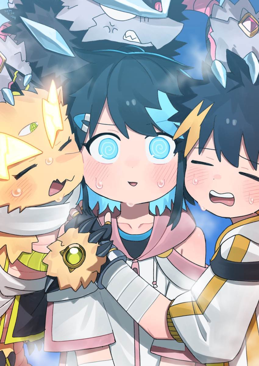 1boy, 1girl, @_@, bare_shoulders, black_hair, blue_hair, breath, colored_inner_hair