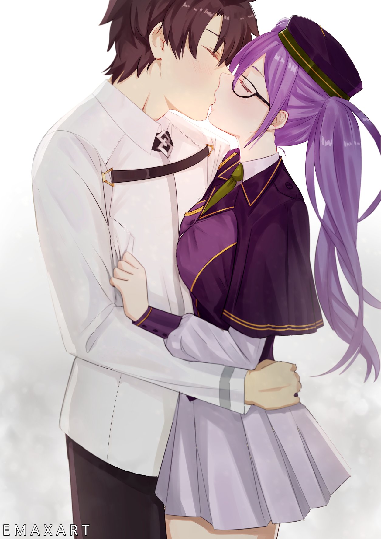 1boy, 1girl, atlas_academy_school_uniform, black_hair, closed_eyes, emaxart, fate/grand_order, fate_(series)