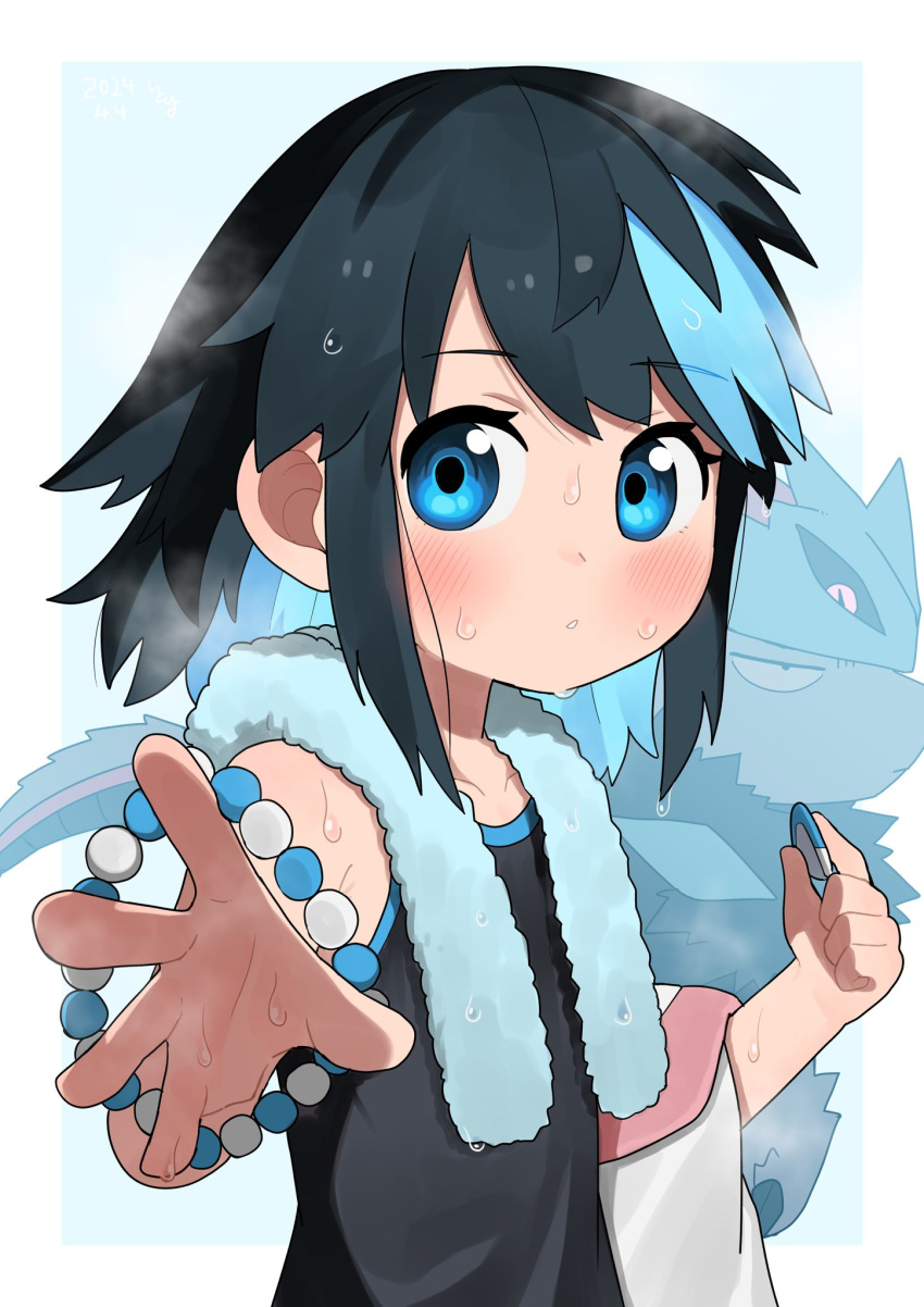 1girl, black_hair, blue_background, blue_eyes, blush, colored_inner_hair, eyelashes, flat_chest