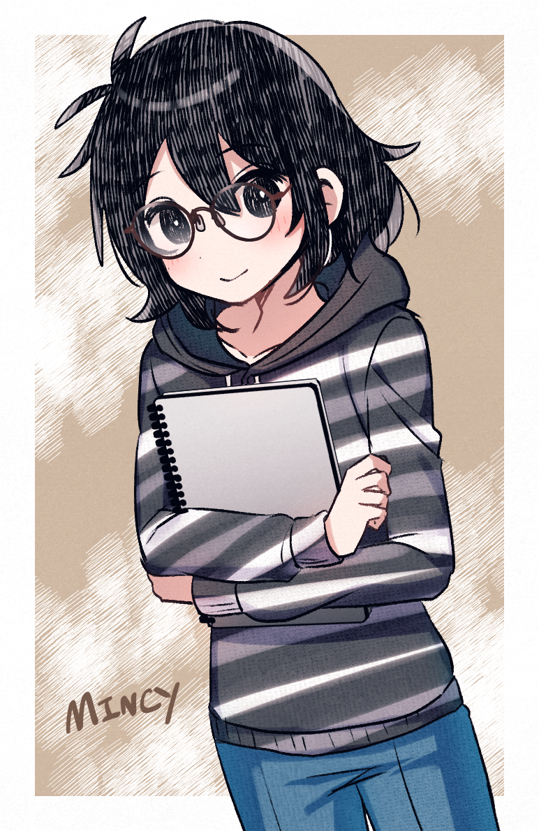 1girl, black_eyes, black_hair, blush, character_name, closed_mouth, denim, glasses, jeans, messy_hair, mincy_(omori), omori, pants, red-framed_eyewear, shirt, short_hair, solo, striped_clothes, white_shirt, yutsu