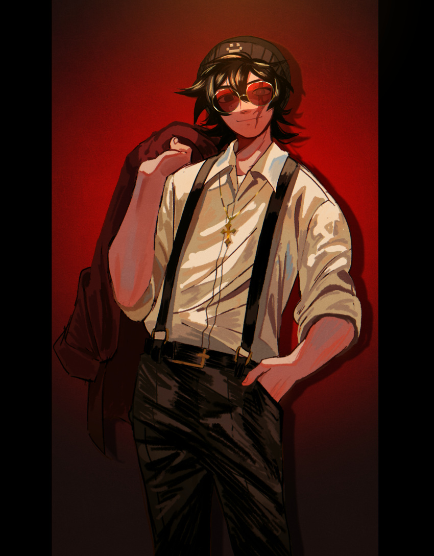 1boy, :], absurdres, beanie, black_border, black_eyes, black_hair, black_pants