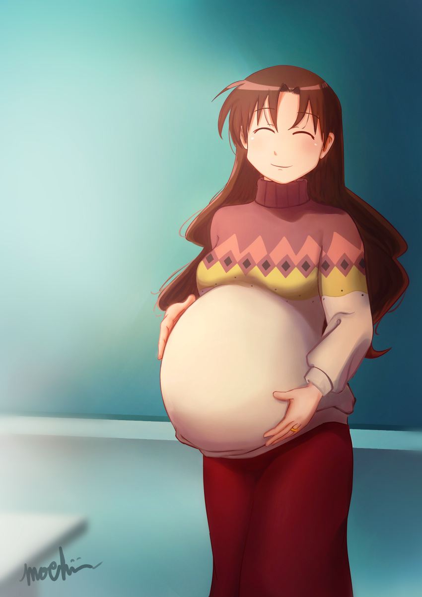1girl, absurdres, azumanga_daioh, big_belly, breasts, brown_hair, classroom, closed_eyes