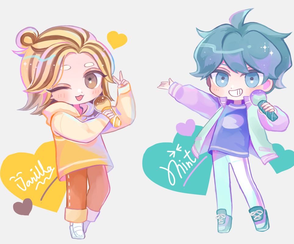 2boys, aqua_hair, blue_eyes, blue_hair, chibi, choco_banana_cookie, cookie_run, hair_bun, humanization, long_hair, long_sleeves, looking_at_viewer, male_focus, mamimumemo, microphone, multicolored_hair, multiple_boys, pants, personification, purple_shirt, shirt, short_hair, smile, spearmint_cookie, translation_request, two-tone_hair, white_pants