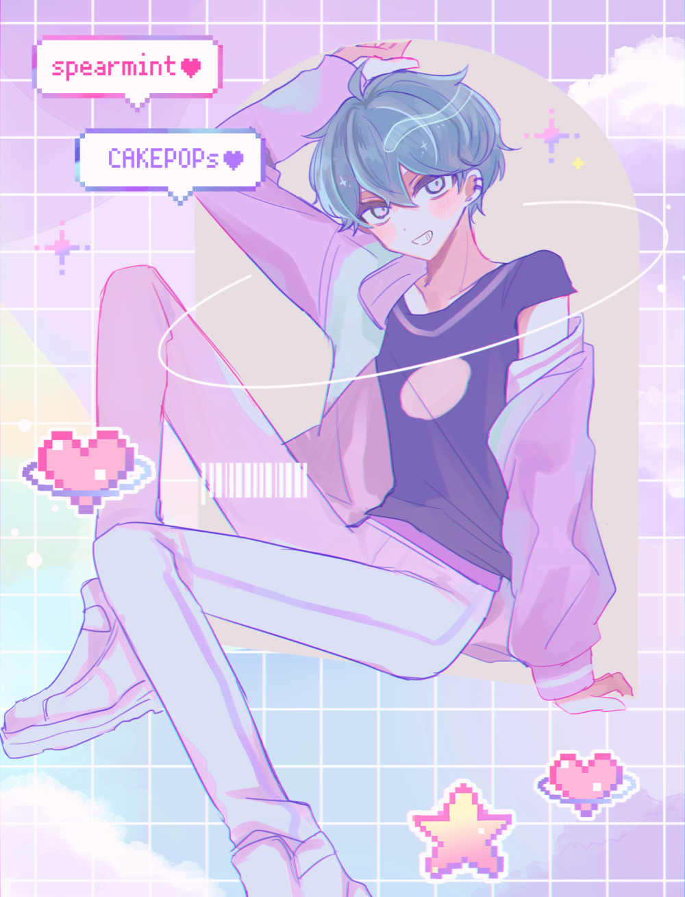 1boy, blue_hair, cookie_run, english_text, grin, heart, highres, humanization