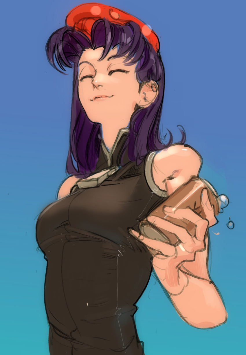 1girl, ^_^, blue_background, blue_hair, can, closed_eyes, collared_shirt, cutiicosmo