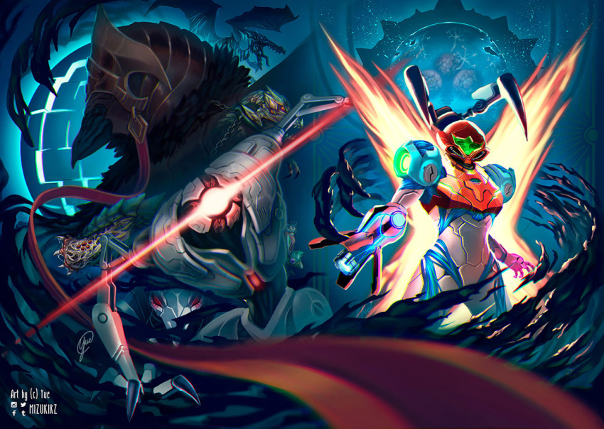 1girl, adam_malkovich, alien, arm_cannon, armor, artist_name, beak, dachora