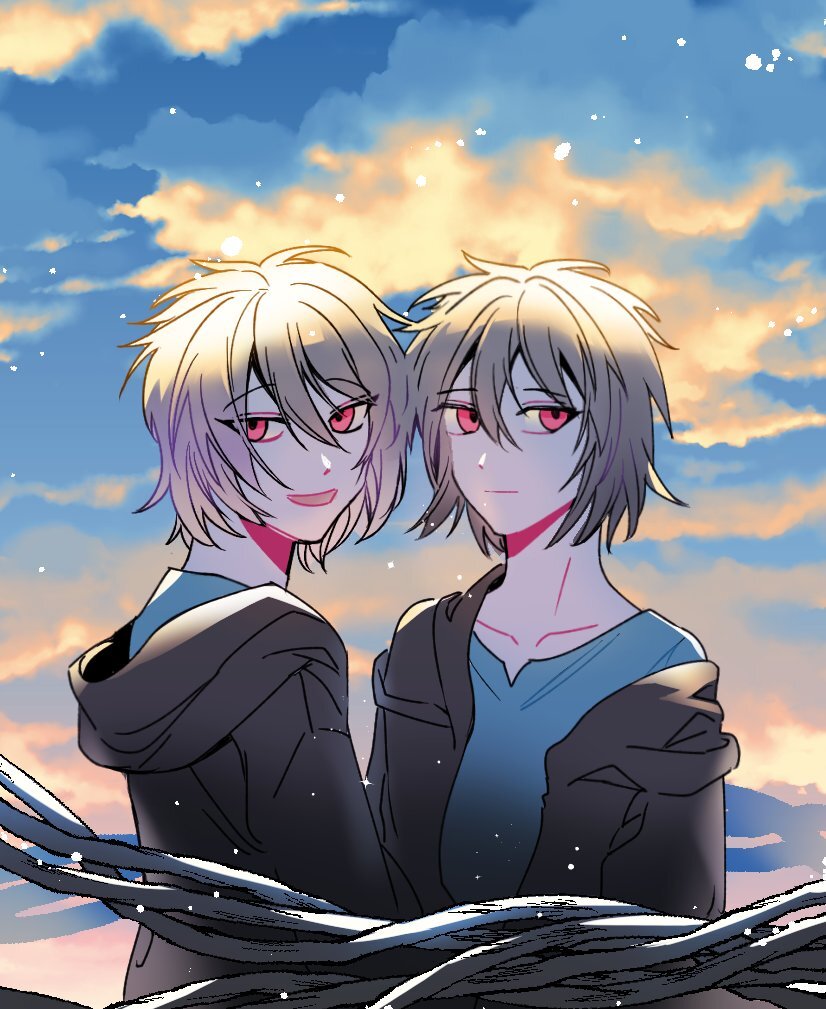 2boys, b1ue_e4rth, black_jacket, blue_shirt, blue_sky, brown_hair, closed_mouth, clouds