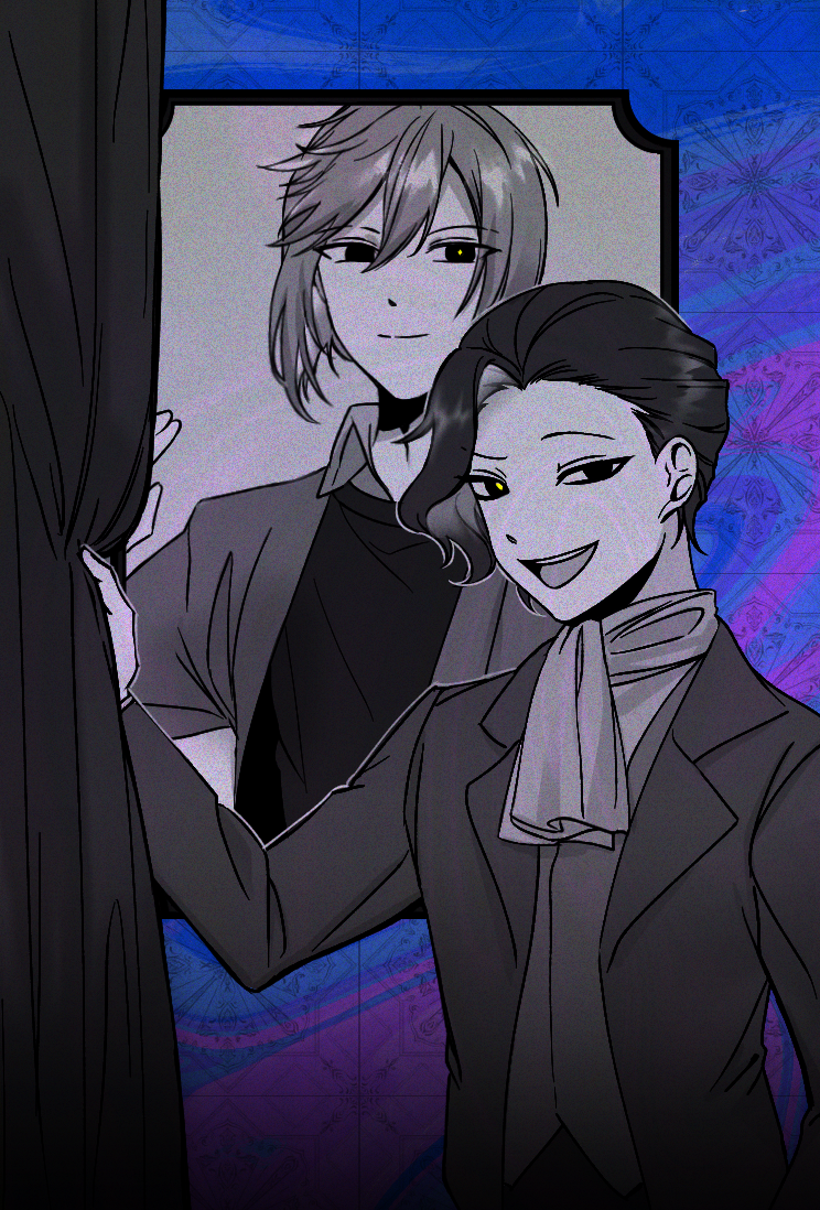2boys, ascot, asymmetrical_hair, b1ue_e4rth, blue_background, commentary_request, curtains, film_grain