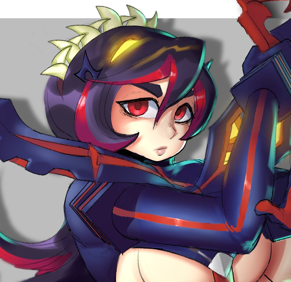 1girl, breasts, cosplay, filia_(skullgirls), kill_la_kill, lips, looking_at_viewer, matoi_ryuuko, matoi_ryuuko_(cosplay), matoi_ryuuko_(senketsu_kamui), red_eyes, samson_(skullgirls), senketsu-kamui_(cosplay), shadow, sideboob, skullgirls, solo, teeth, tillshitposting