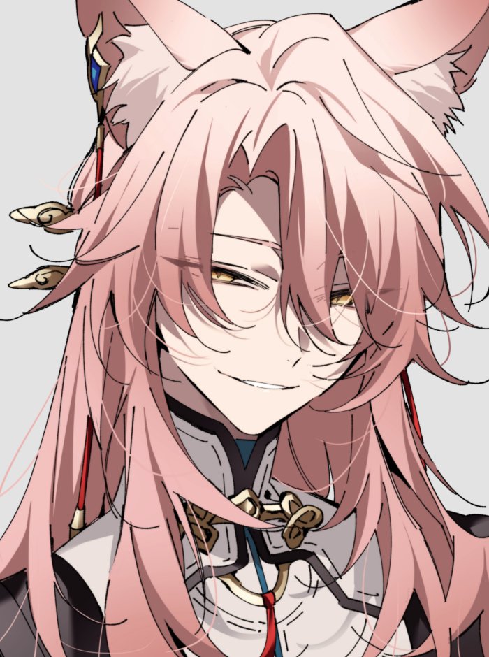 1boy, animal_ear_fluff, animal_ears, black_jacket, chinese_clothes, commentary, dlckrpwjd111, evil_smile, fox_ears, grey_background, grin, half-closed_eyes, high_collar, honkai:_star_rail, honkai_(series), jacket, jiaoqiu_(honkai:_star_rail), long_hair, looking_at_viewer, male_focus, pink_hair, portrait, shirt, simple_background, smile, solo, upper_body, white_shirt, yellow_eyes