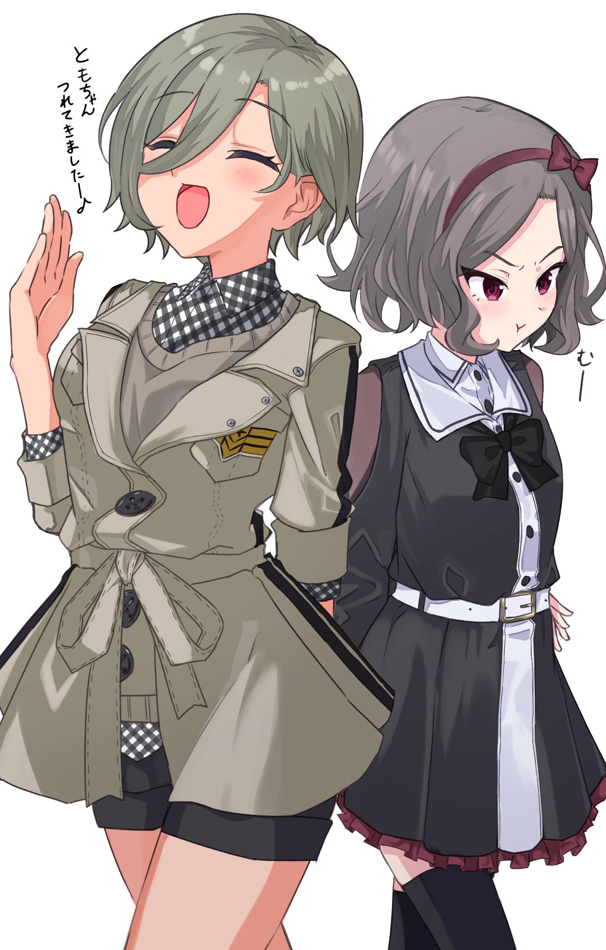:t, arms_behind_back, bow_hairband, brown_coat, brown_hair, brown_sweater, checkered_clothes, checkered_shirt