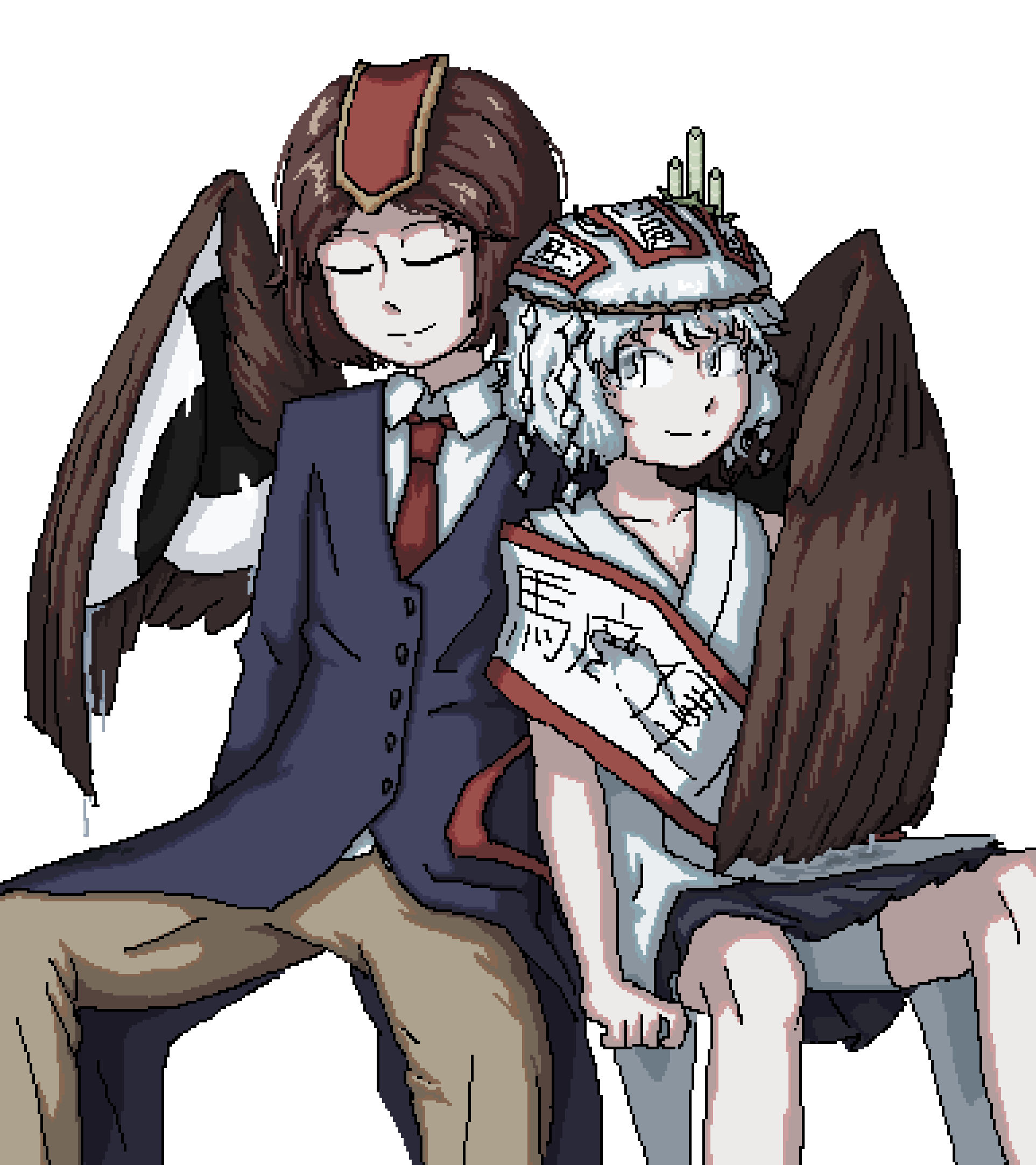 2others, androgynous, bamboo_hair_ornament, black_skirt, blue_suit, brown_hair, brown_pants, brown_wings