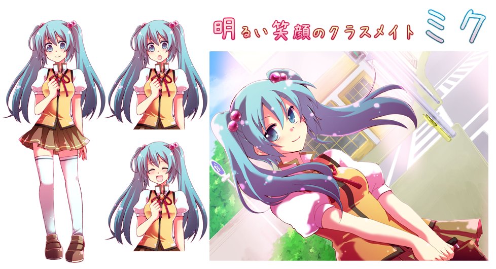 aqua_eyes, aqua_hair, blush, bow, character_sheet, cinderella_school_(vocaloid), closed_eyes, dutch_angle