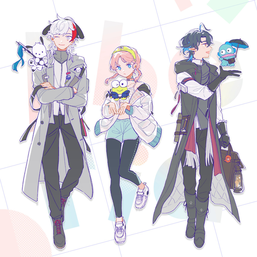 1girl, 2boys, absurdres, ahoge, animal_ears, animal_on_head, arknights, arm_pouch