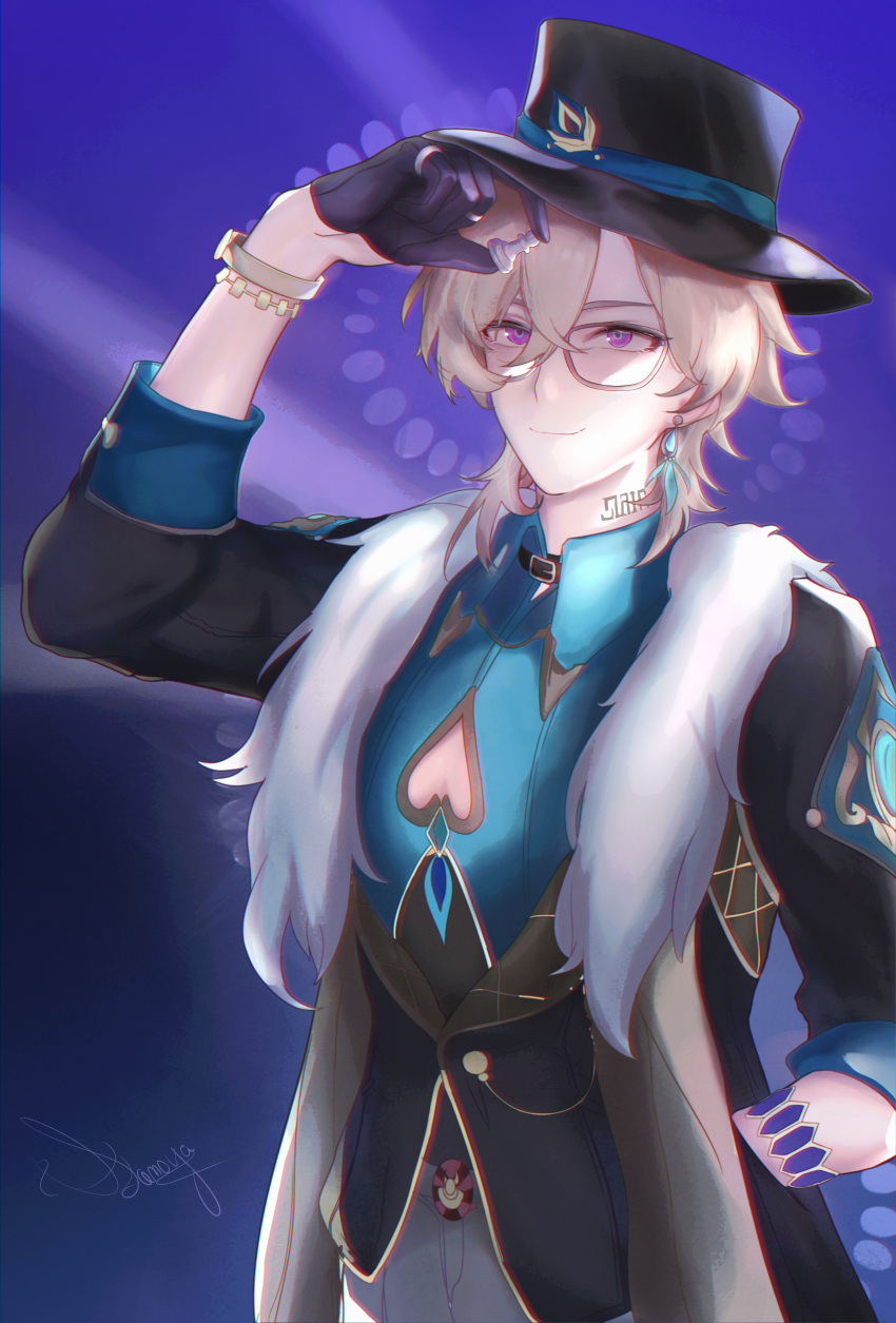 1boy, absurdres, aqua_shirt, artist_name, aventurine_(honkai:_star_rail), black_gloves, blonde_hair, bracelet