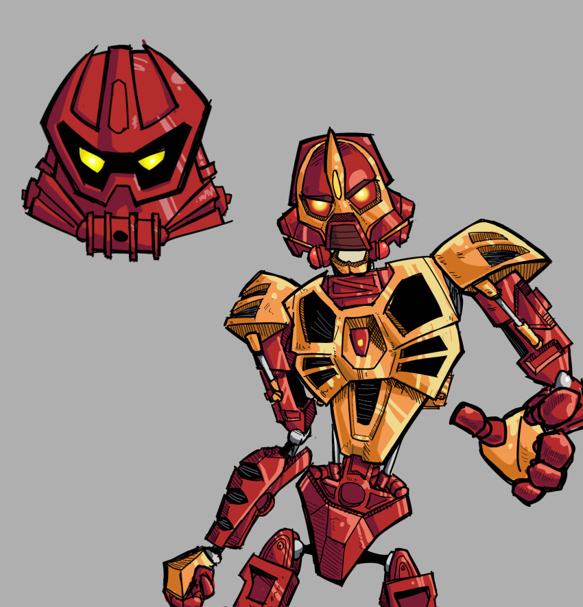 404_ikasaurus, bionicle, clenched_hand, dual_persona, grey_background, highres, humanoid_robot, kanohi_(bionicle)