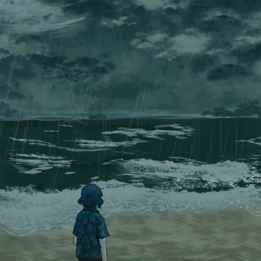 1girl, ahoge, arm_at_side, beach, black_pants, blue_shirt, bob_cut, bocchi_the_rock!, clouds, cloudy_sky, collared_shirt, dark, facing_away, floral_print, grey_sky, hawaiian_shirt, highres, lightning, loose_hair_strand, ocean, outdoors, pants, rain, sand, shirt, short_hair, short_sleeves, sky, solo, standing, storm, taki_ritzk0u, water, waves, wavy_hair, yamada_ryo