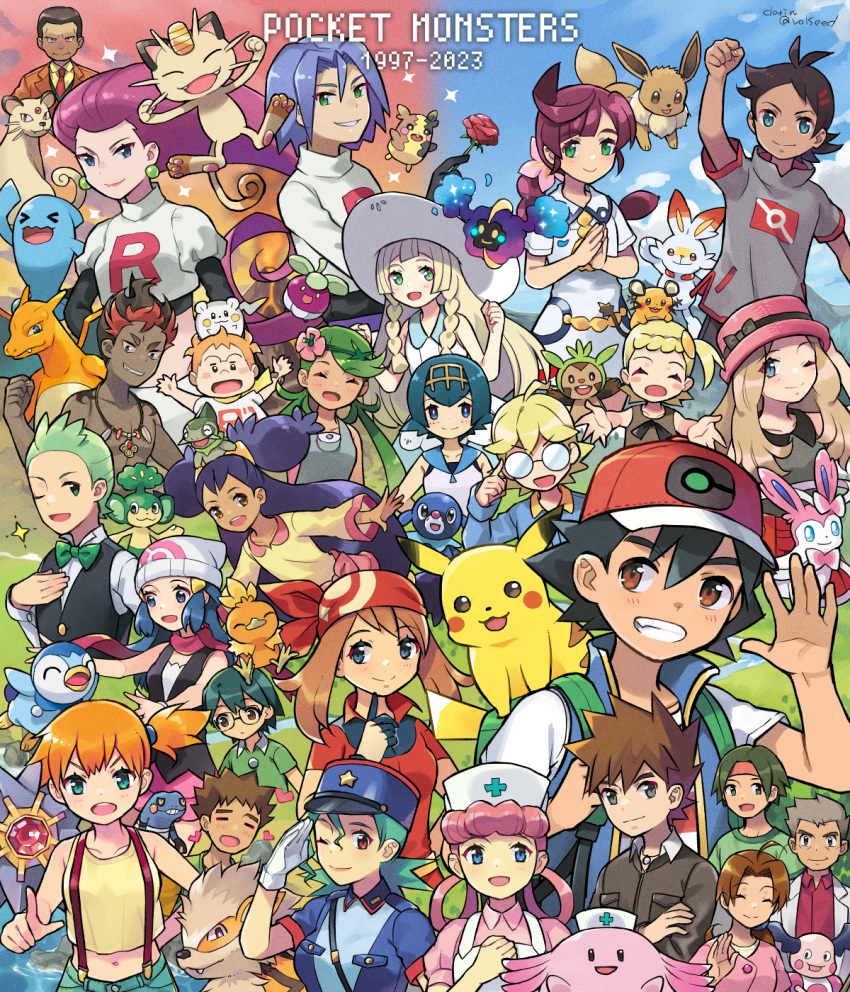 6+boys, 6+girls, ash_ketchum, backpack, bag, black_hair, black_vest, blonde_hair