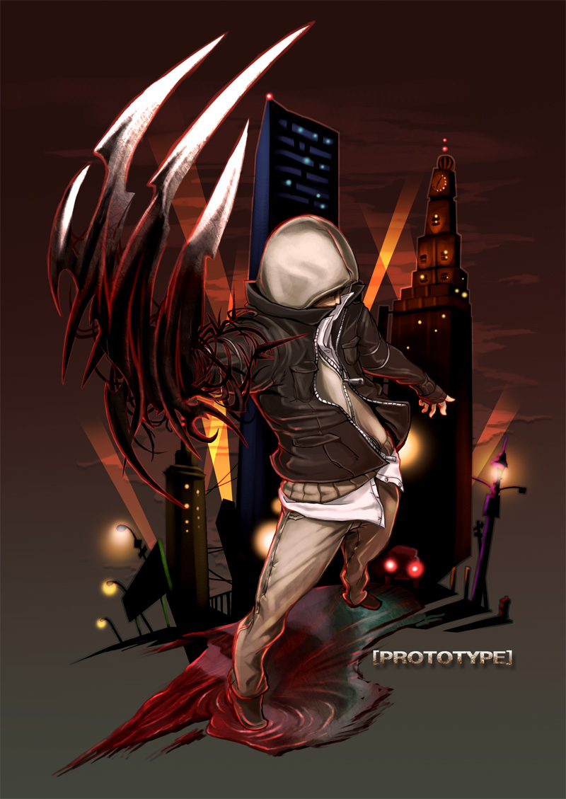 1boy, activision, alex_mercer, black_claws, black_jacket, building, city, claws