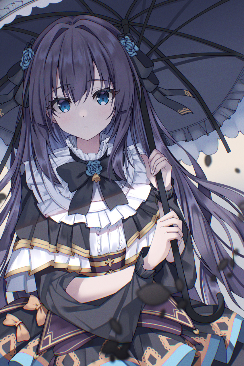 1girl, arcaea, black_bow, black_bowtie, black_dress, black_hair, black_petals, black_ribbon