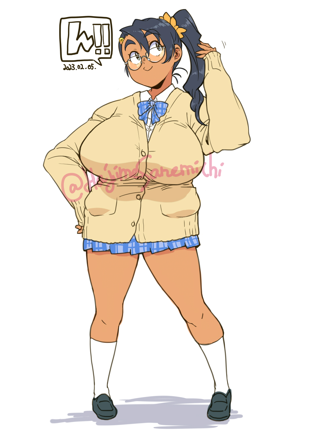 !, !!, 1girl, alternate_hairstyle, arm_up, artist_name, black_eyes, black_footwear, black_hair, bow, bowtie, breasts, buttons, collared_shirt, dark-skinned_female, dark_skin, dated, facing_viewer, gigantic_breasts, glasses, hair_between_eyes, hair_ornament, hair_ribbon, highres, kneehighs, loafers, long_hair, long_sleeves, motion_lines, original, plaid, plaid_bow, plaid_bowtie, plaid_skirt, pocket, ponytail, raised_eyebrows, ribbon, sanemichi_hajime, shadow, shirt, shoes, simple_background, skirt, smile, socks, standing, sweater, thighs, translation_request, white_shirt