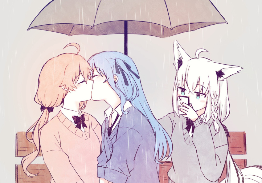3girls, ahoge, animal_ears, black_bow, black_bowtie, black_ribbon, blue_eyes, blue_hair, blue_sweater, bow, bowtie, braid, cat_ears, cellphone, closed_eyes, collared_shirt, commentary, grey_background, grey_sweater, grey_umbrella, hair_ribbon, highres, holding, holding_phone, holding_umbrella, hololive, hoshimachi_suisei, kiss, long_hair, multiple_girls, on_bench, one_side_up, outdoors, phone, pink_hair, pink_sweater, rain, ribbon, sakura_miko, school_uniform, shirakami_fubuki, shirt, side_braid, sitting, smartphone, sweater, taking_picture, twintails, umbrella, virtual_youtuber, white_shirt, yumi5469, yuri