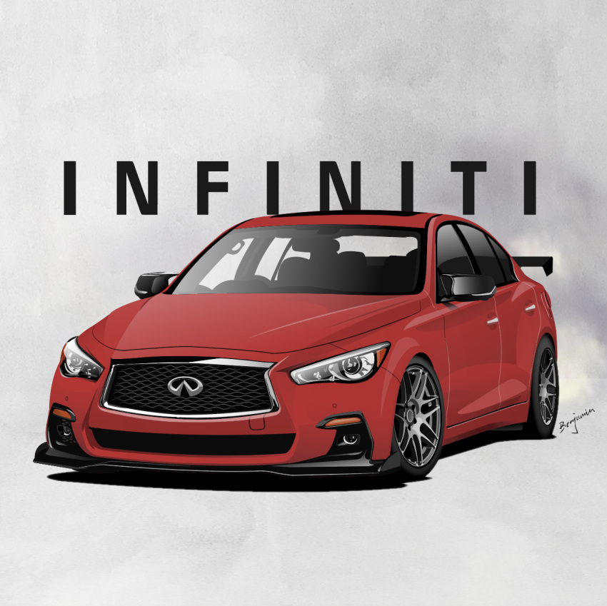artist_name, benjamin_(user_scjv3278), car, highres, infiniti_(company), infiniti_q50, motor_vehicle, no_humans, original, red_car, shadow, smoke, spoiler_(automobile), vehicle_focus